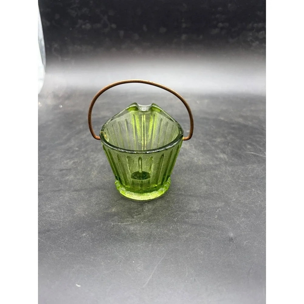 Vintage Green Glass Coal Scuttle Bucket Miniature Toothpick Holder Ribbed Design